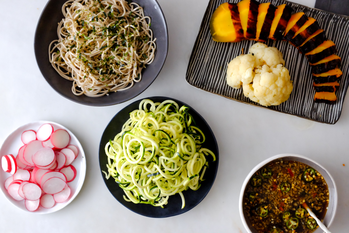 carrots, roasted, vegetable, cauliflower, sobe noodles, sesame noodles, spiralizer, zucchini noodles,  radish, fish sauce, asian, homemade, recipe, spicy