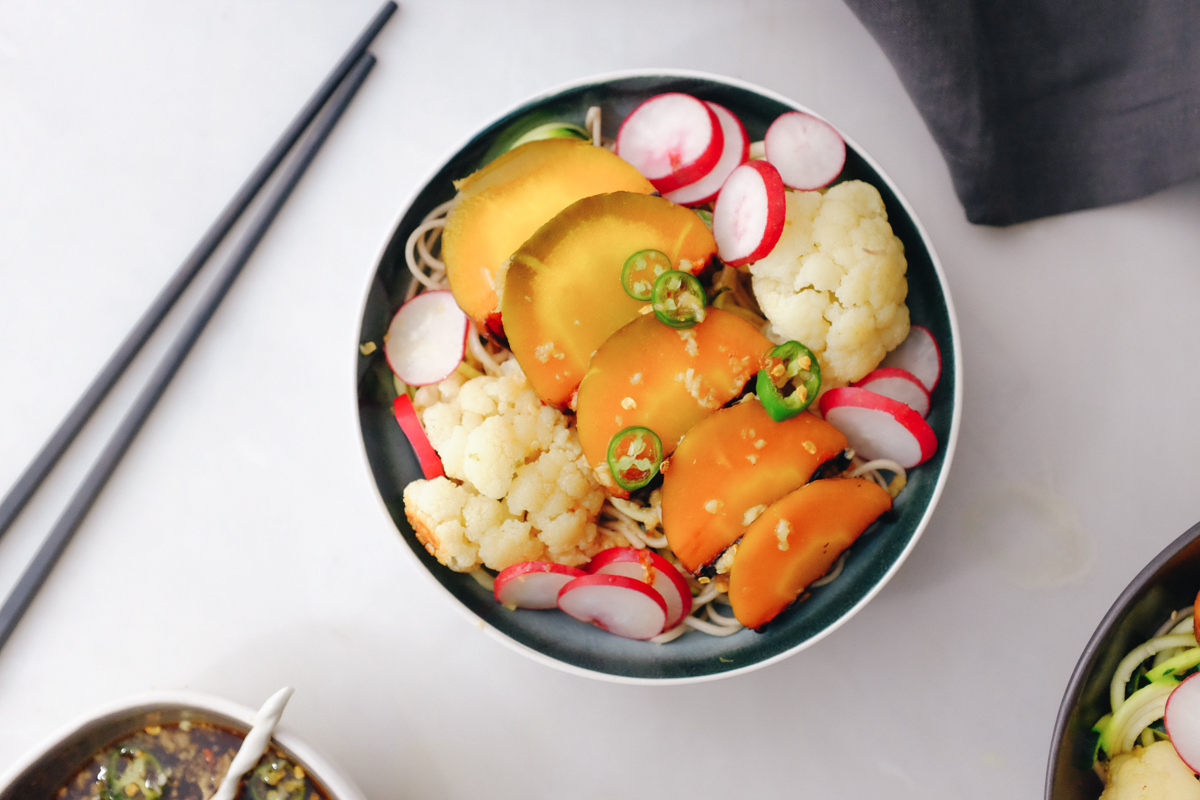 carrots, roasted, vegetable, cauliflower, sobe noodles, sesame noodles, spiralizer, zucchini noodles,  radish, fish sauce, asian, homemade, recipe, spicy