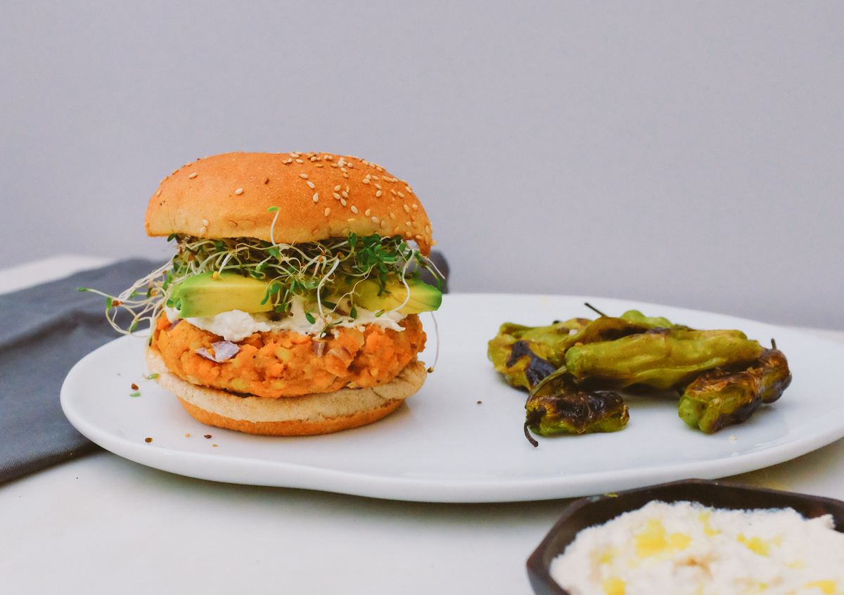 Sweet Potato and Chickpea Veggie Burgers with Cashew Cheese
